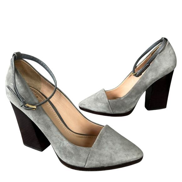 Tory Burch Rivington Pumps 8.5 Gray Suede Ankle Strap Stacked Heel Pointy Shoes - Picture 1 of 16